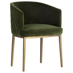 an upholstered green chair with wooden legs and a quilted design on the back