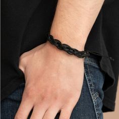 Knotted Strands Of Black Cording And Black Leather Laces Weave Across The Wrist, Creating A Rugged Braid. Features An Adjustable Sliding Knot Closure. Sold As One Individual Bracelet. Sliding Knot Closure, Adjustable Sliding Knot, Lace Weave, Surfer Bracelets, Brown Bracelet, Black Leather Bracelet, Wood Bead Necklace, Mens Gold Rings, Wide Bracelet