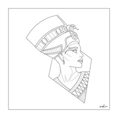 an egyptian woman's head with a hat on her head, in black and white