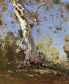 an oil painting of a tree in the woods