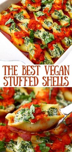 the best vegan stuffed shells in a white casserole dish with red sauce and spinach