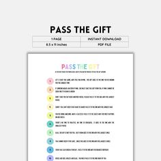 a printable pass the gift page with buttons and numbers for each item on it