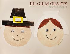 two children's faces made out of paper with the words pilgrim crafts on them