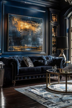 a living room filled with furniture and a chandelier