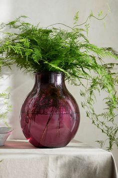 a purple vase sitting on top of a table next to a green plant in it