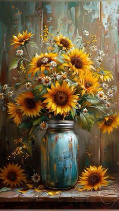 a painting of sunflowers and daisies in a blue vase on a table