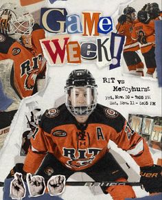 an advertisement for a hockey game with the player in orange and black uniform on it