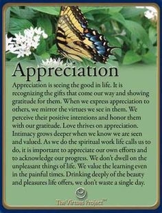 a card with an image of a butterfly on it's back and the words appreciation written