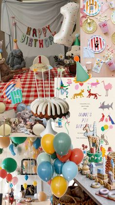 a collage of birthday decorations and balloons