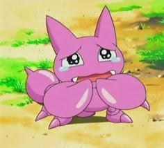 a pink pokemon with big eyes sitting on the ground in front of grass and dirt