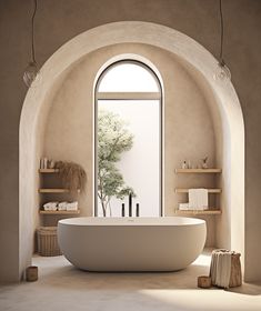 a large white bath tub sitting under a window next to a tree in a bathroom