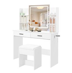 a white dressing table with a mirror and stool