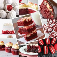 red velvet desserts and cupcakes collage with white frosting on them