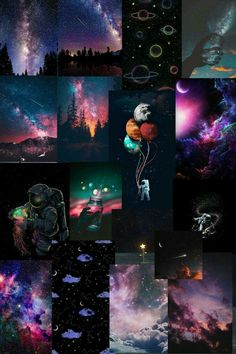 the collage is full of different images and words, including stars, planets, and clouds