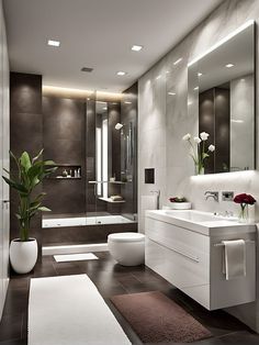 a modern bathroom with two sinks, toilet and bathtub in the middle of the room