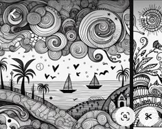 an artistic drawing with black and white lines on the subject, there is a boat in the water