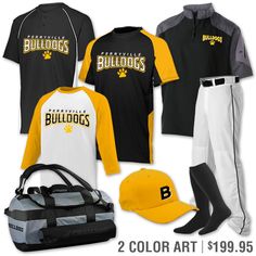 two color baseball uniforms, one black and one white with the words bulldogs on it