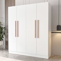 a white cabinet with two doors and some plants in the corner next to it on a tile floor