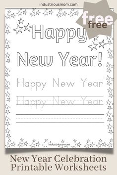 Outlined and traceable words Happy New Year free printable worksheet New Year Kindergarten, New Year Worksheet, Bible Family Tree, Teething Chart, Kindergarten Homework, Family Tree Printable, Worksheet Kindergarten, Practice Handwriting, Fun Worksheets For Kids