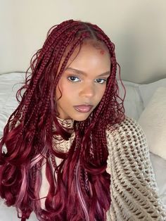 @morgaaan.paige insta, burgundy and pink french curl braids, boho french curls, burgundy braids, pink peekaboo braids, goddess braids, bohemian braids, protective styles, black girl hairstyles, burgundy hair, cherry red hair color, black girls red hair, hair color combo, hair inspiration Pink French Curl Braids, Pink Peekaboo Braids, Burgundy Braids, Black Girls Red Hair, Pink Box Braids, Cherry Red Hair