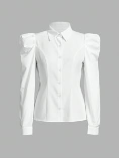 Women's Slim Fit Shirt With Leg-Of-Mutton Sleeve, Solid Color White Elegant  Long Sleeve Woven Fabric Plain Shirt Non-Stretch  Women Clothing, size features are:Bust: ,Length: ,Sleeve Length: Formal Shirts Women, Mutton Sleeve, Feminine Shirts, Branded Outfits, Leg Of Mutton Sleeve, Fashion Journal, Dress Shirt Dress, Fashion Journals, Camisa Social