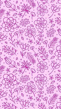 a pink background with flowers and leaves