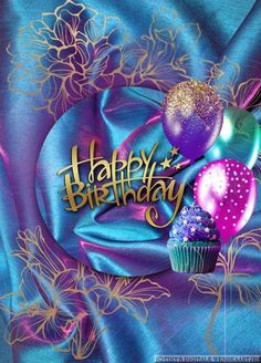 happy birthday card with cupcakes and balloons on blue satin background - stock photo