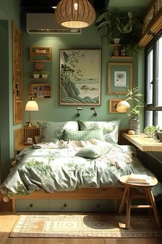 a bedroom with green walls and pictures on the wall