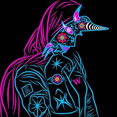 a drawing of a person with long hair and a bird on their head, in neon colors