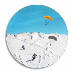 a painting of two people parachuting in the snow with mountains and blue sky behind them