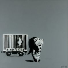 an animal is standing next to a barcode