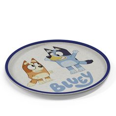 a blue and white plate with an image of two cartoon characters on it's side