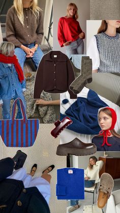 Winter wardrobe trend inspiration including bright red knits, cobalt blue sweaters, and wool clogs all in a winter clothes color palette Bold Colors Outfits, Wool Clogs, Clogs Outfit, Brown Outfit, Navy And Brown, 가을 패션, Colourful Outfits, Mode Inspiration, Fall Winter Outfits