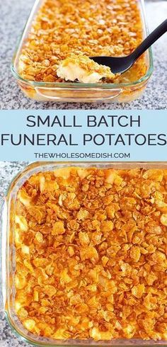 Small Batch Funeral Potatoes - AKA cheesy potato casserole with corn flake topping, party potatoes, or potluck potatoes - scaled down to make a great side dish. #funeralpotatoes #cheesypotatoes #sidedish #partypotatoes #potatocasserole Party Potatoes, Corn Flake, Cheesy Potato Casserole, Cheesy Corn, Cheesy Potato, Potato Casserole