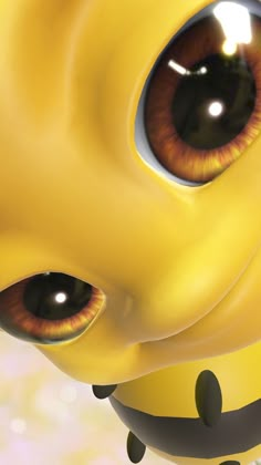 a close up of a yellow animal with big brown eyes and an eyeball in the shape of a bee