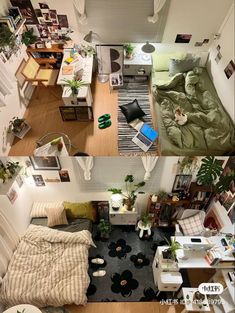 an aerial view of a living room and bedroom from the top floor to the ceiling