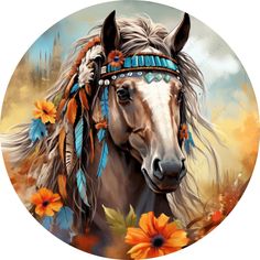 a painting of a horse with feathers on it's head and flowers around its neck