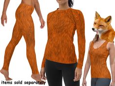 Orange furry fur animal PRINT fox workout spandex Yoga and Regular Leggings, Capris and Shorts and tops for active women. Animal cosplay and Halloween athletic costume (Items are sold separately). Available tops : women's long sleeved rash guard shirt, tank top, crop top. Great for sports, cosplay, Halloween, running, themed Birthday party, workout, or as a comfortable everyday wear. Rash guard is great for surfing, swimming and water sports.  It's a printed animal pattern on spandex fabric !  A Animal Cosplay, Plus Size Yoga, Orange Fox, Leggings Women, Yoga Workout, Women's Costumes, Cosplay Outfits, Active Women, Rash Guard