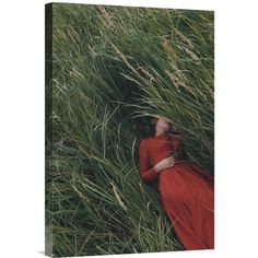 a woman in a long red dress is hiding behind tall grass, with her head on the ground