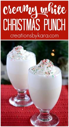 two glasses filled with whipped cream and sprinkles on top of a table