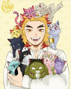 an anime character with many cats on his head and one cat in the other hand