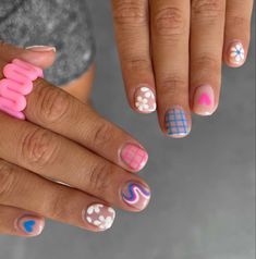 Designs For Super Short Nails, Mismatched Short Nails, Cute Short Nails Designs, Trendy Short Nail Designs, Short Nail Ideas, Cute Short Nails, Short Gel Nails, Summery Nails