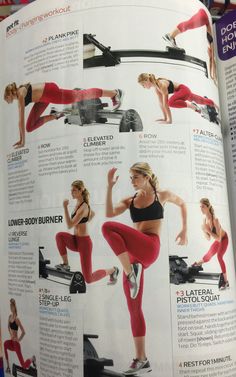 a woman doing exercises on an exercise machine in her gym gear, with the instructions for how to do it