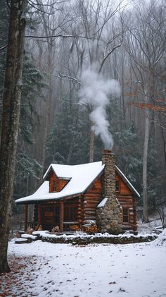 Cozy Winter Cabin: A secluded log cabin with smoke rising from the chimney sits peacefully in a snowy forest. #winter #cabin #snow #forest #smoke #chimney #trees #secluded #aiart #aiphoto #stockcake https://ayr.app/l/FJr1 Cozy Cabin In The Woods Aesthetic, Log Cabin Snow, Wood Cabin In Forest, Cozy Snow Cabin, Cabin In Forest Aesthetic, Cabins In Winter, Building Log Cabin, Alaska Cabin Interior, Cabin In Winter Woods