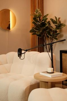 a white couch sitting next to a table with a potted plant on top of it