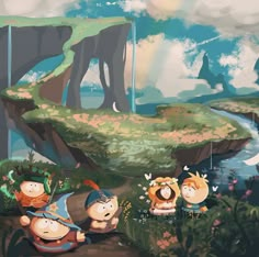 some cartoon characters are standing in the grass near a river and mountains with trees on either side