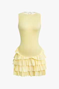 Lace Up Back Sleeveless Ruffle Hem Mini Dress Spinnin Tour, Sheer Mini Dress, Stylish Summer Outfits, Media Screen, Cream Yellow, Dress Cream, Darling Dress, Knit Mini Dress, Sheer Fabric