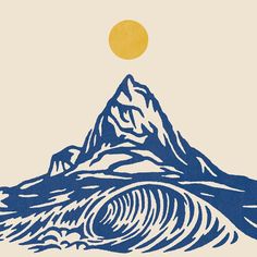 an image of a mountain with waves in the foreground and a sun above it