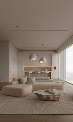 a modern living room with white furniture and large windows