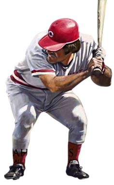 a painting of a baseball player holding a bat in his hands and wearing a red hat